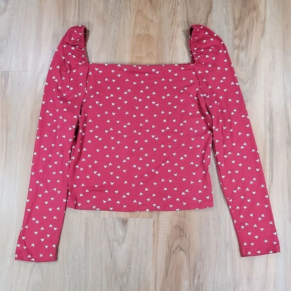 🧚‍♀️Daisy May Cranberry Top w/Cat Face Print Long Sleeve Top Large